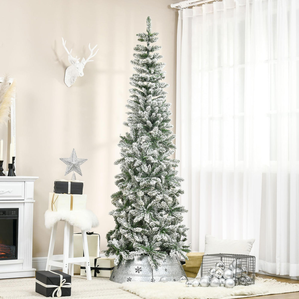 HOMCOM 7.5' Christmas Tree w/ Unlit Snow Flocked Branches for Holiday Indoor