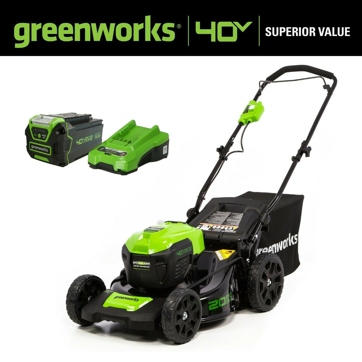Greenworks 40v 20in Cordless Brushless Push Mower 2516302 w/Quik Charger & 4.0ah
