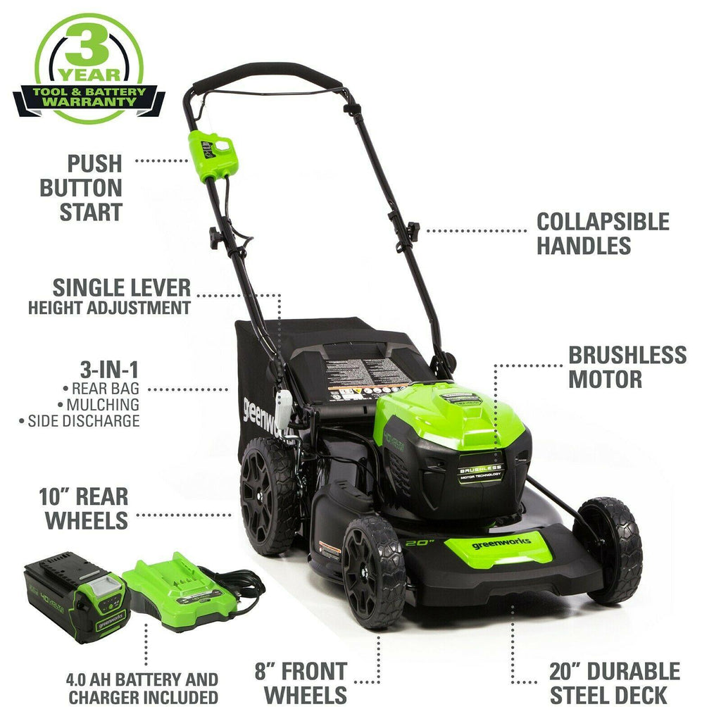 Greenworks 40v 20in Cordless Brushless Push Mower 2516302 w/Quik Charger & 4.0ah