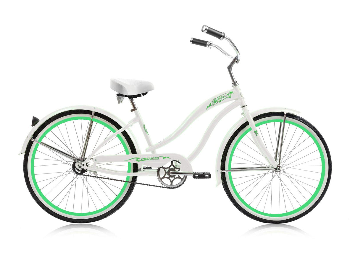 26" Beach Cruiser Micargi ROVER GX  Coaster Brake Single Speed  Steel Spokes One Piece Crank Pink Rims 36H With Fenders White Bike
