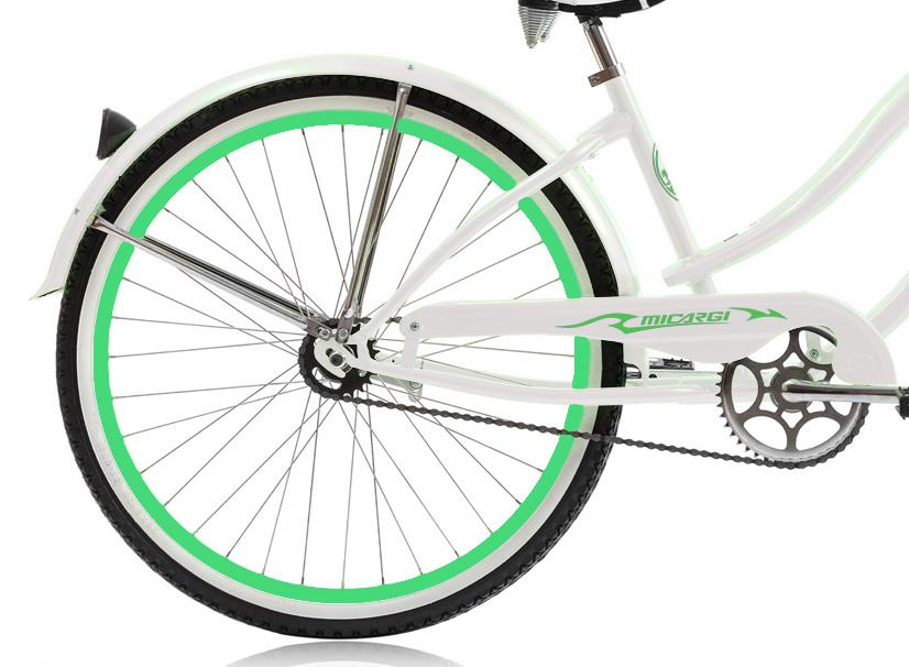 26" Beach Cruiser Micargi ROVER GX  Coaster Brake Single Speed  Steel Spokes One Piece Crank Pink Rims 36H With Fenders White Bike