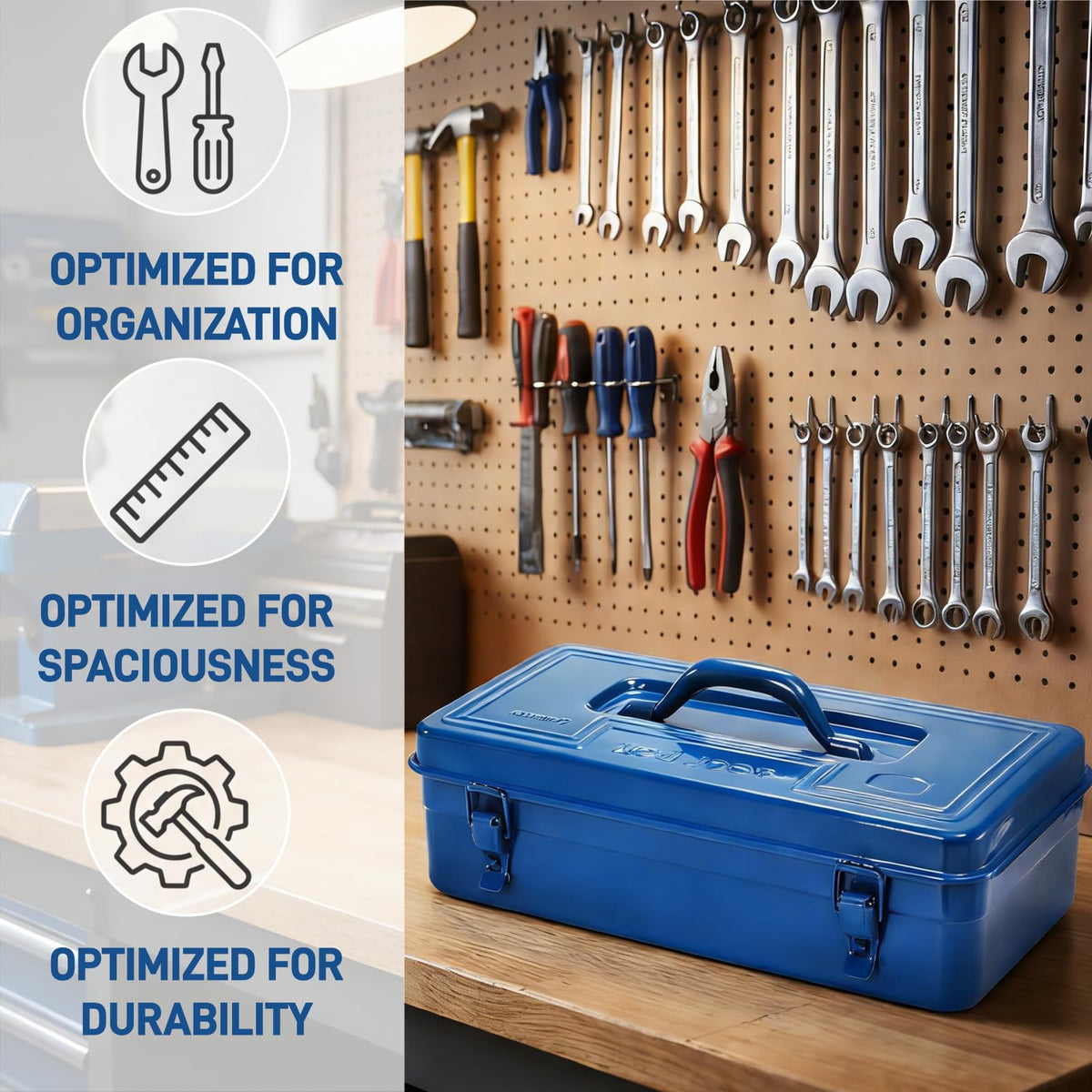 Portable Steel Tool Box, 16 Inch Metal Tool Organizer Box with Double Latch Closure and Handle, Heavy Duty StoraToolbox Chest for Workshop, Garage, Warehouse, Household, Blue