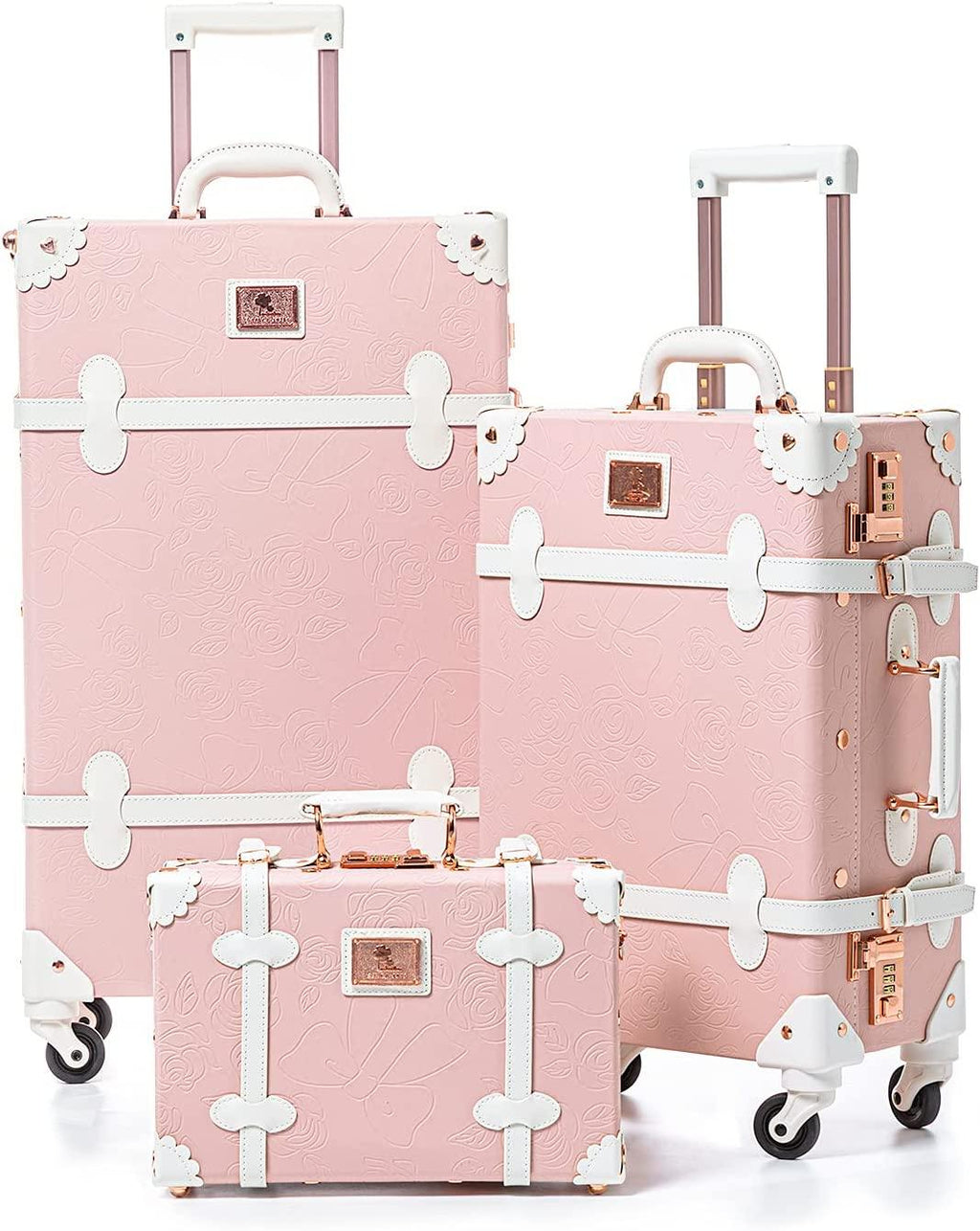 3 Piece  Combination Luggage Set, Hardshell Women Cute Suitcase with Spinner Wheels and Train Bag (Embossed Pink, 26"+20"+12")