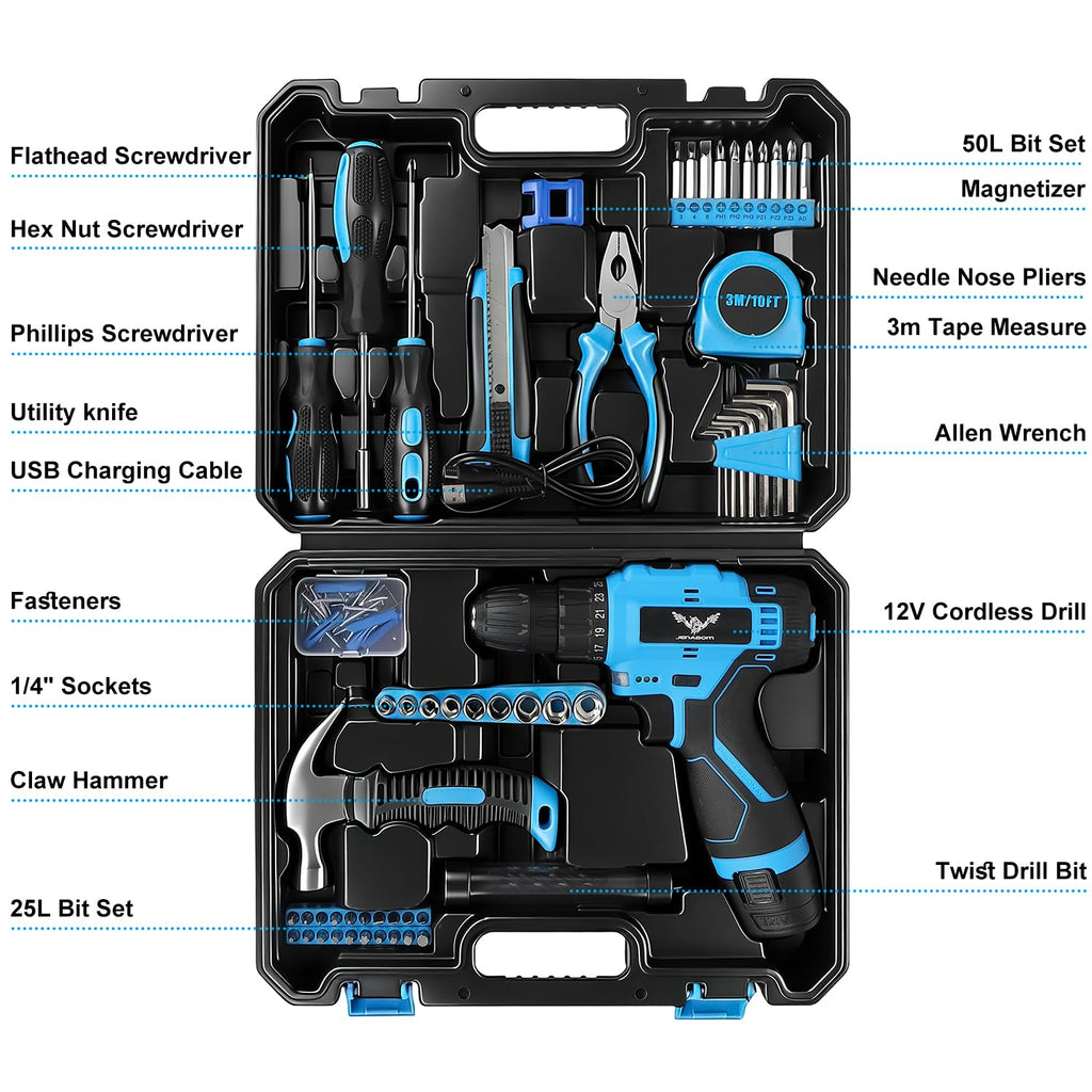146-Piece Home Tool Set with 12V Blue Cordless Drill | With Portable Toolbox, Hand Tools for Home Repair, DIY Projects & Daily Use, Gift for Women & Men