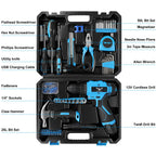 146-Piece Home Tool Set with 12V Blue Cordless Drill | With Portable Toolbox, Hand Tools for Home Repair, DIY Projects & Daily Use, Gift for Women & Men