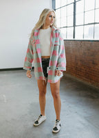 oversized fuzzy shacket - teal &amp; pink