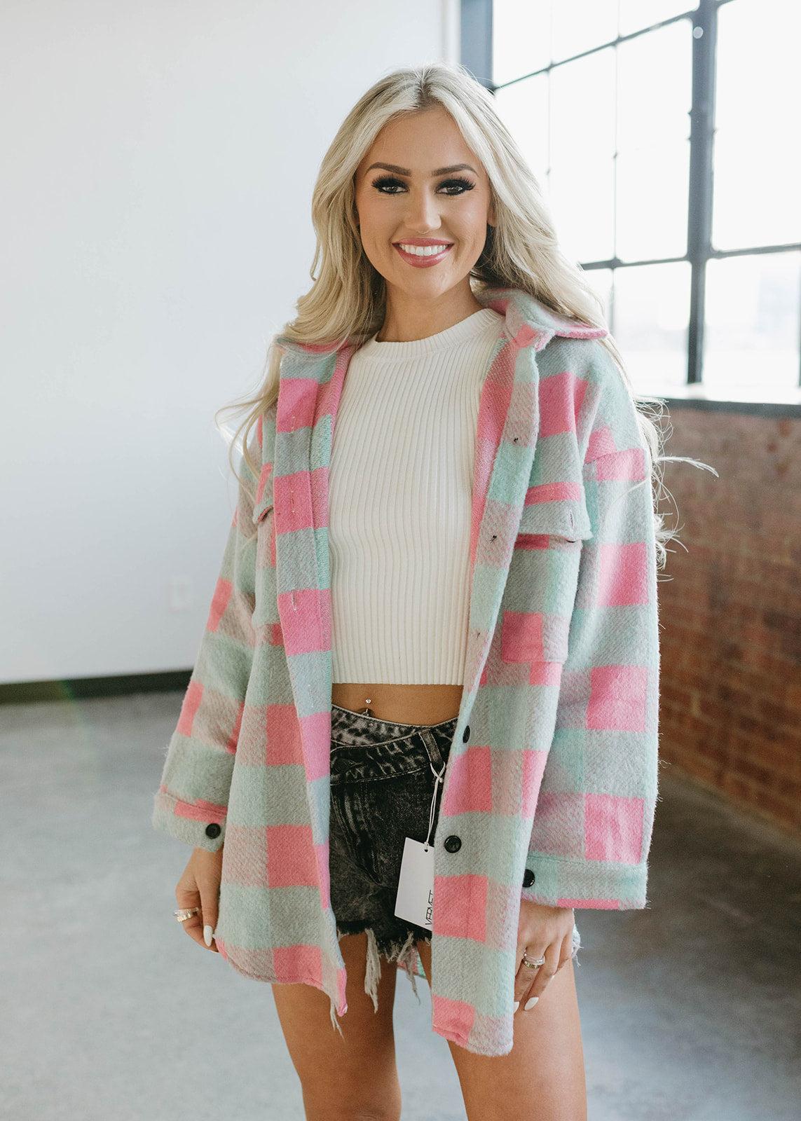 oversized fuzzy shacket - teal &amp; pink