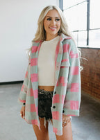 oversized fuzzy shacket - teal &amp; pink