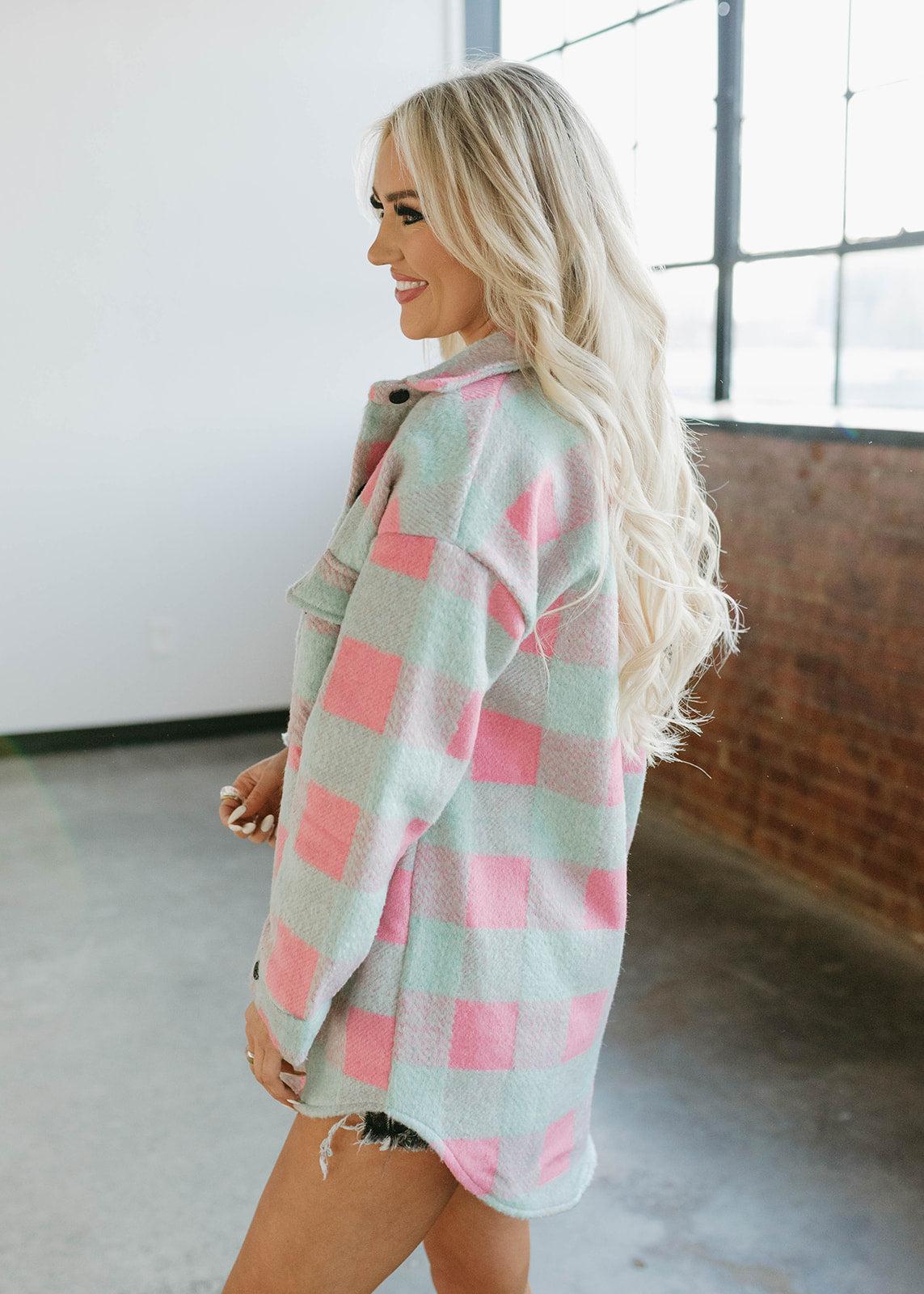 oversized fuzzy shacket - teal &amp; pink