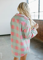 oversized fuzzy shacket - teal &amp; pink