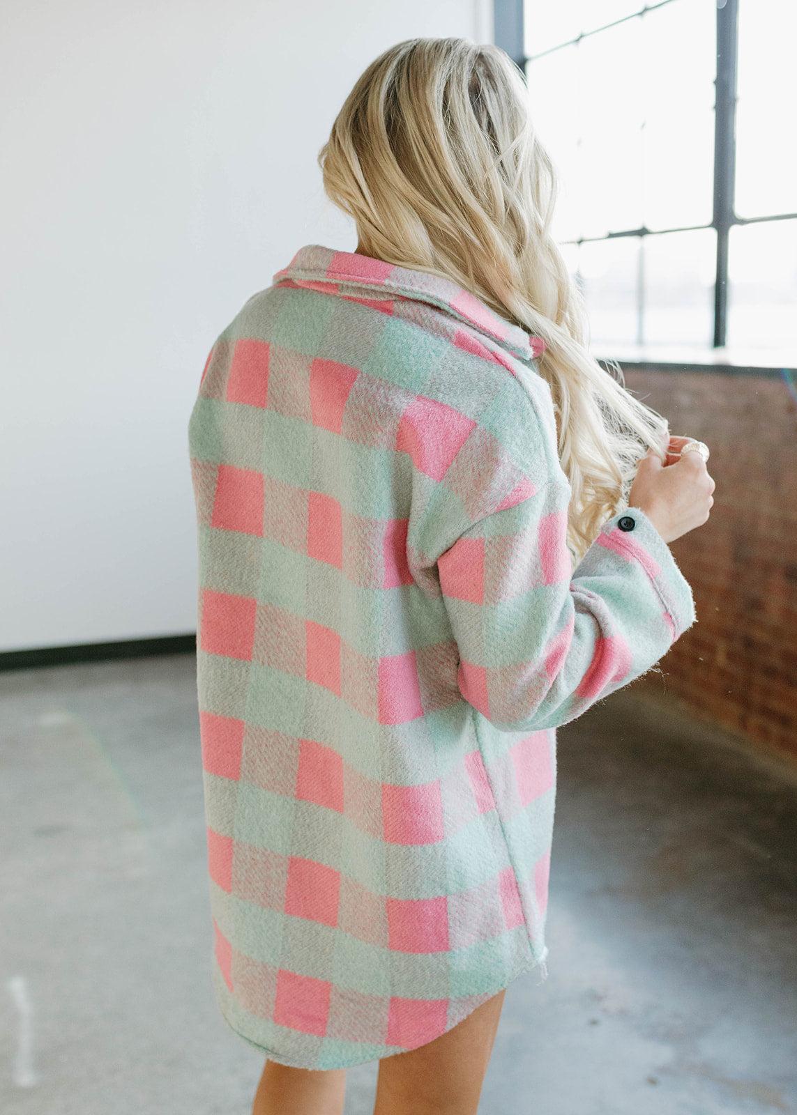 oversized fuzzy shacket - teal &amp; pink