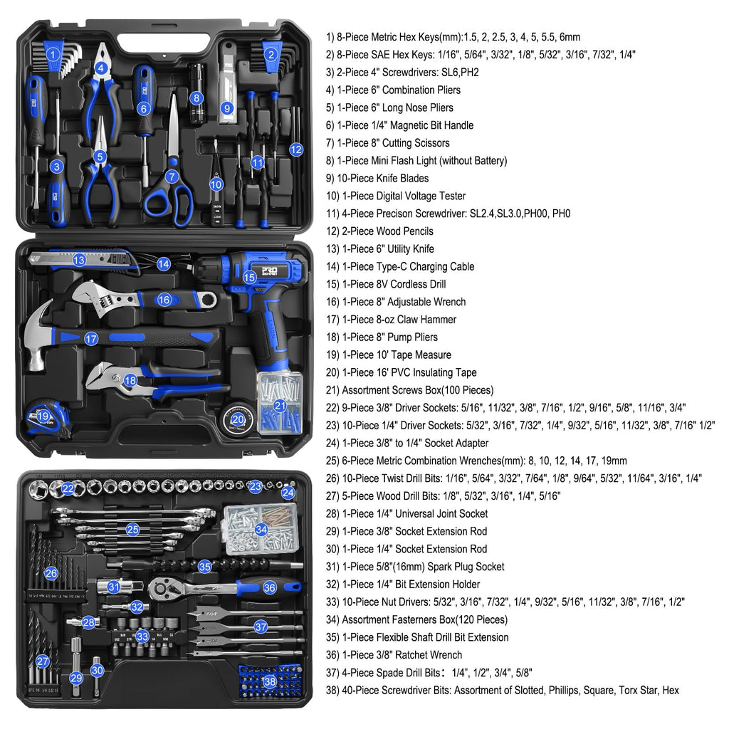 Tool Set with 8V Cordless Drill, 369-Piece Home Tool Kit with Drill Driver, Toolbox StoraCase with Drawer, General Household Tools for Home Repairs and DIY, Handyman (Blue)