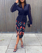 floral print guipure lace patch ruched midi dress
