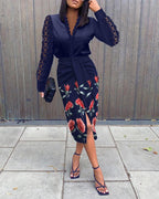 floral print guipure lace patch ruched midi dress