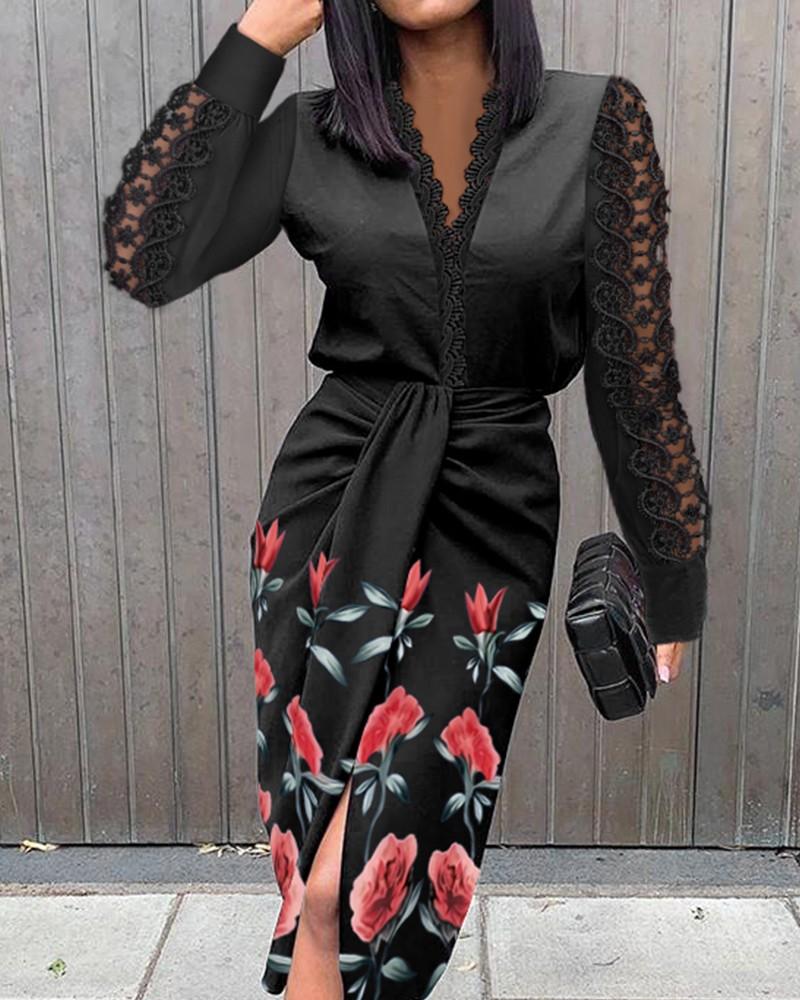 floral print guipure lace patch ruched midi dress