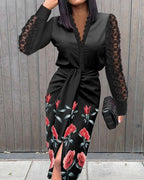 floral print guipure lace patch ruched midi dress