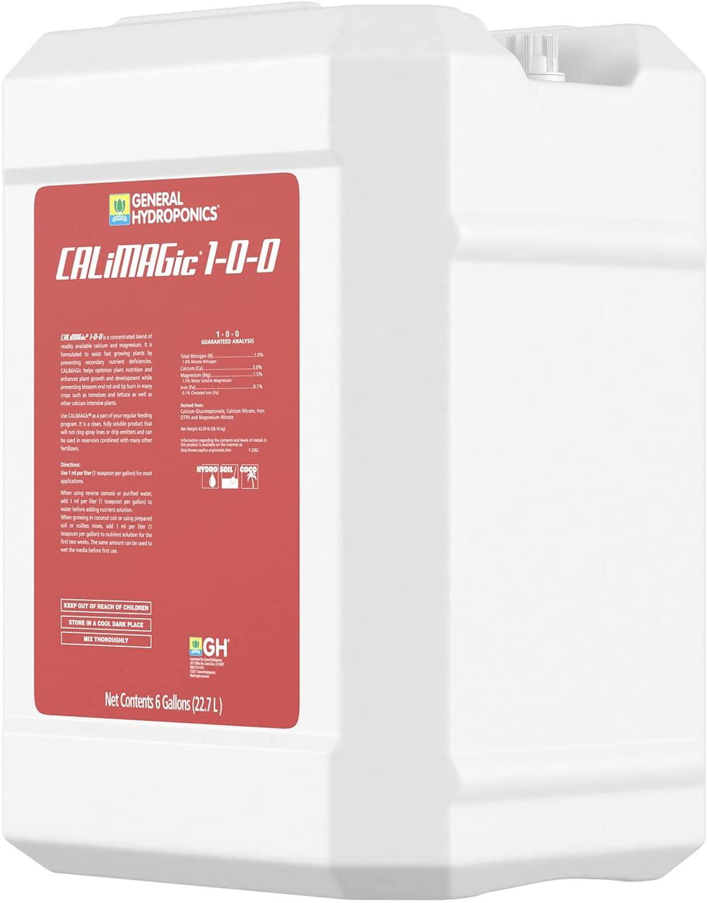 general hydroponics calimagic 1-0-0, concentrated blend of calcium &amp; magnesium, prevents secondary nutrient deficiencies, helps prevent blossom end rot &amp; tip burn, clean, soluble, &amp; will not clog, 6-gallon