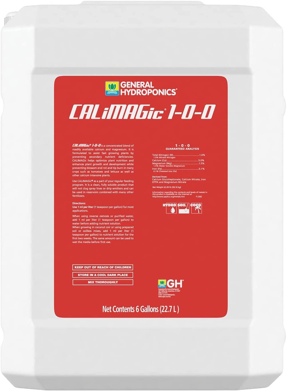 general hydroponics calimagic 1-0-0, concentrated blend of calcium &amp; magnesium, prevents secondary nutrient deficiencies, helps prevent blossom end rot &amp; tip burn, clean, soluble, &amp; will not clog, 6-gallon