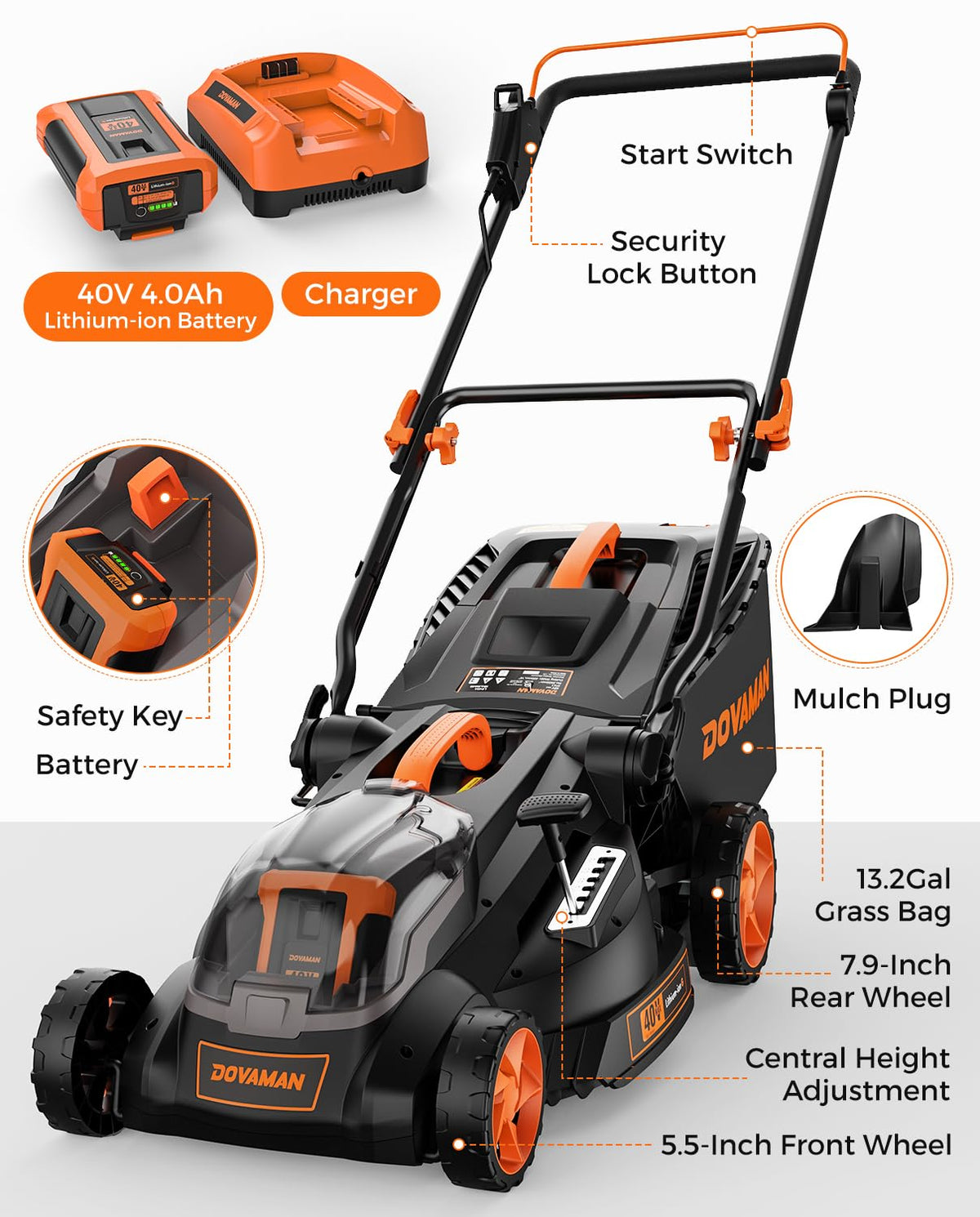40V 19" Cordless Lawn Mower, Brushless Push Lawn Mower w/ 13.2Gal Bag, 98% Grass Collection, 3-Step er Foldable, 6-Position Height Adjustment Meets Various Cutting Needs