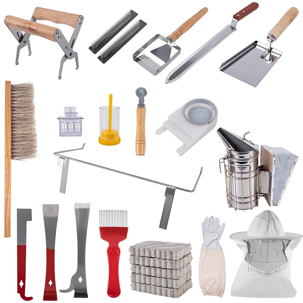 beehive starter kit, 10-frame bee hives &amp; 24pcs beekeeping supplies tools kit, wax coated and painted honey bee box and professional beekeeping starter tools