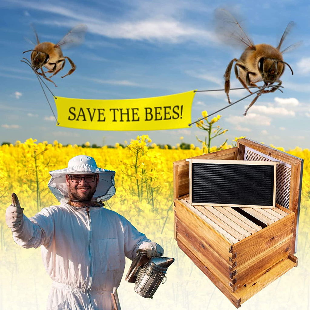 beehive starter kit, 10-frame bee hives &amp; 24pcs beekeeping supplies tools kit, wax coated and painted honey bee box and professional beekeeping starter tools