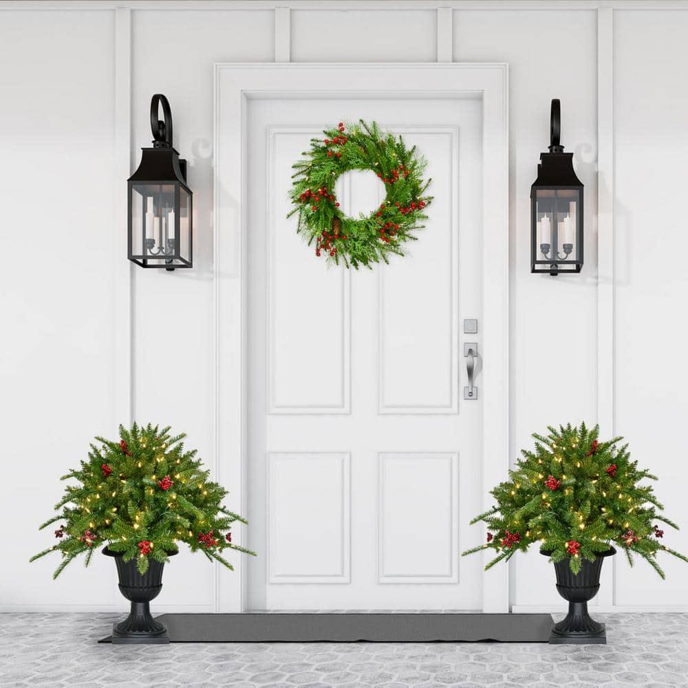 3 ft. Prelit Artificial Porch Christmas Tree with Red Berries and Warm White Lights