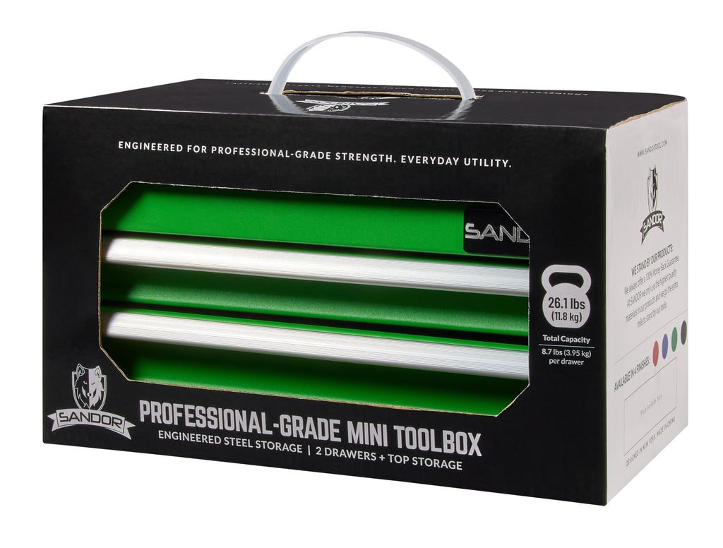 Mini Tool Box - Metal Tool Chest with 2 Drawers & PVC Drawer Liners for Workbench or Desk, Powder-Coated Steel Small Toolbox - Multi-Purpose Storafor Machinists Tools, DIY, 3D Printer Parts - Green