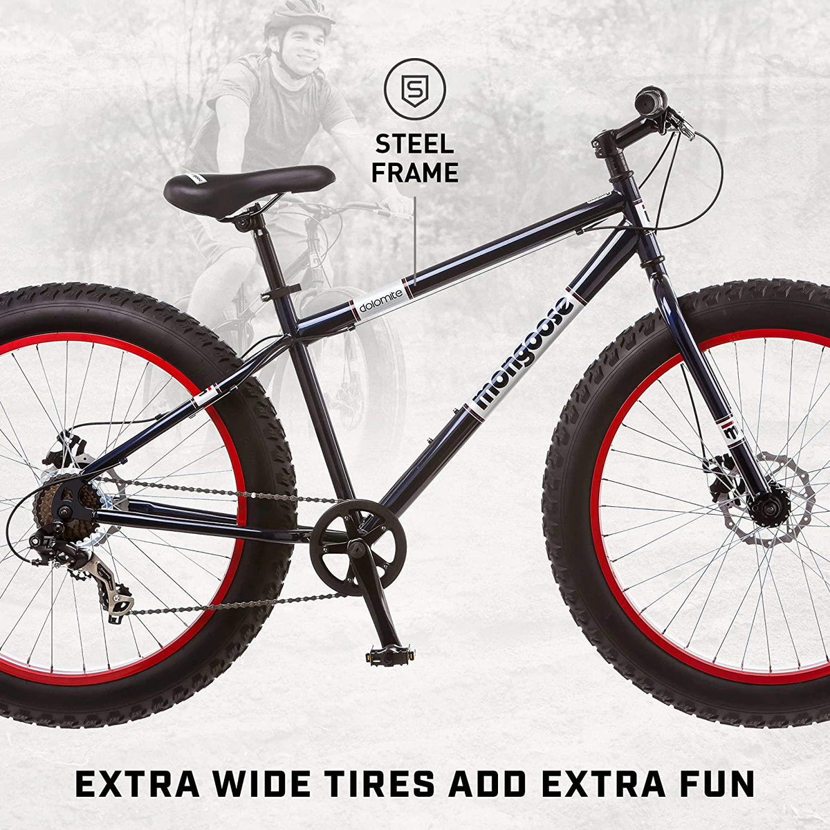 Mongoose Dolomite Mens Fat Tire Mountain Bike, 26-Inch Wheels, 4-Inch Wide Knobby Tires, 7-Speed, Steel Frame, Front and Rear Brakes, Multiple Colors