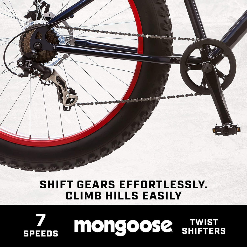 Mongoose Dolomite Mens Fat Tire Mountain Bike, 26-Inch Wheels, 4-Inch Wide Knobby Tires, 7-Speed, Steel Frame, Front and Rear Brakes, Multiple Colors