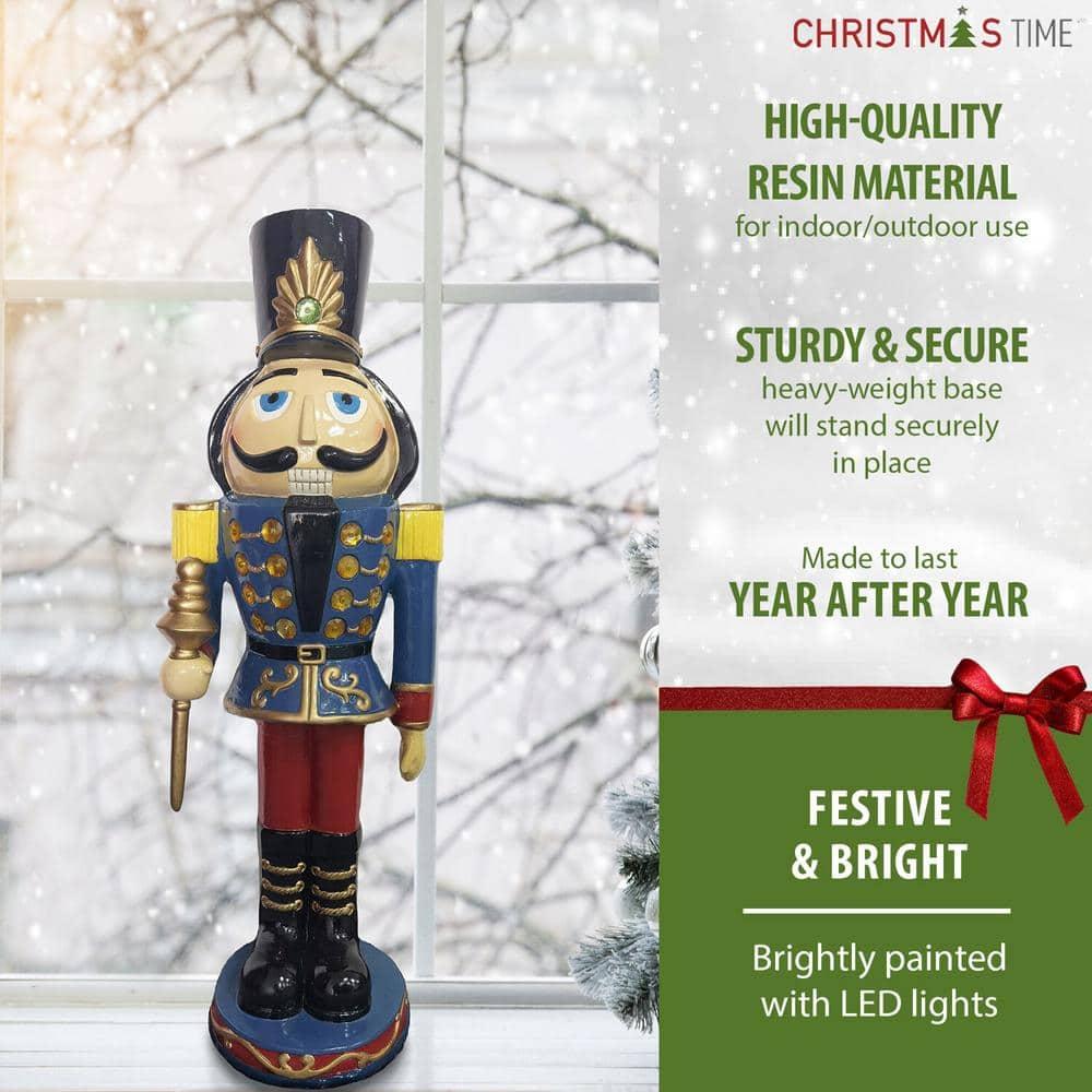 36 in. Blue Resin Christmas Nutcracker Toy Soldier Holding a Staff with LED Lights