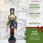 36 in. Blue Resin Christmas Nutcracker Toy Soldier Holding a Staff with LED Lights