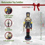 36 in. Blue Resin Christmas Nutcracker Toy Soldier Holding a Staff with LED Lights