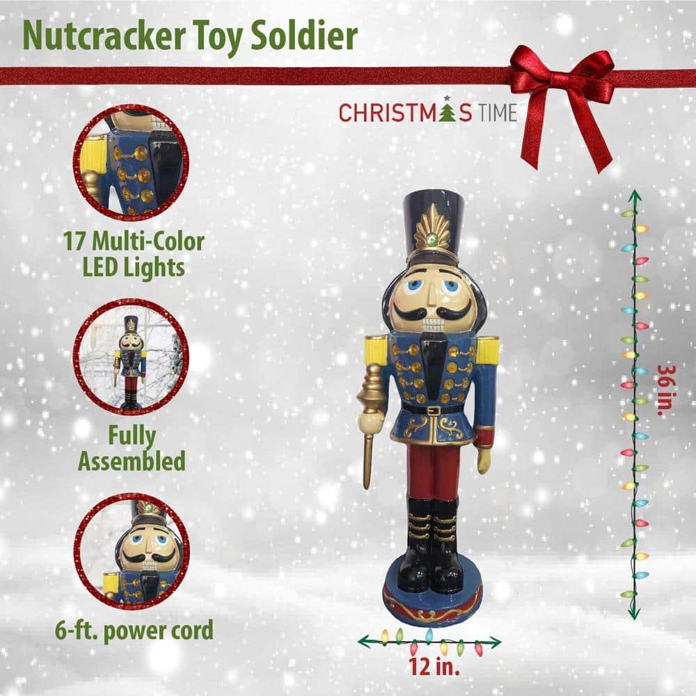 36 in. Blue Resin Christmas Nutcracker Toy Soldier Holding a Staff with LED Lights