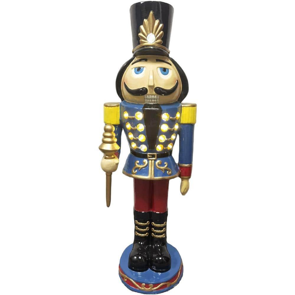 36 in. Blue Resin Christmas Nutcracker Toy Soldier Holding a Staff with LED Lights