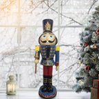 36 in. Blue Resin Christmas Nutcracker Toy Soldier Holding a Staff with LED Lights