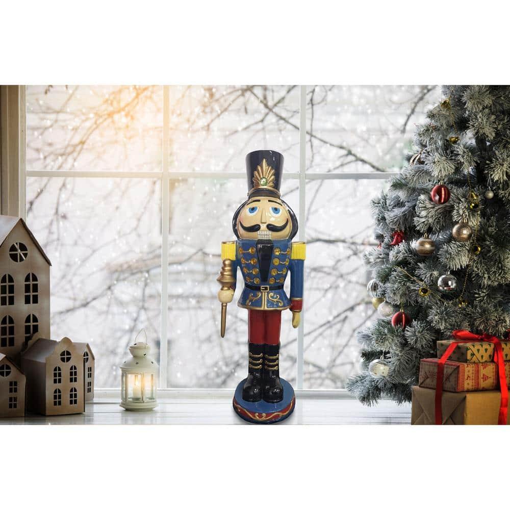 36 in. Blue Resin Christmas Nutcracker Toy Soldier Holding a Staff with LED Lights