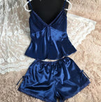 Clothing -  Women Sexy Deep V-neck Sleeveless Silk Lace Top With Shorts Sleepwear Set