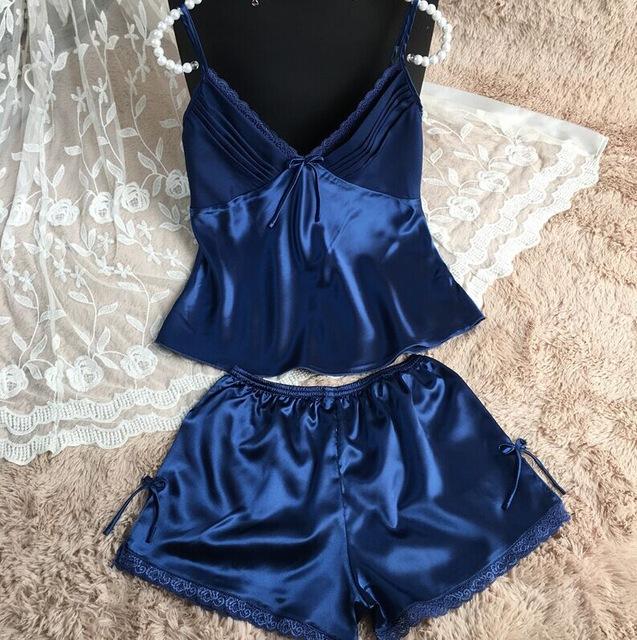 Clothing -  Women Sexy Deep V-neck Sleeveless Silk Lace Top With Shorts Sleepwear Set