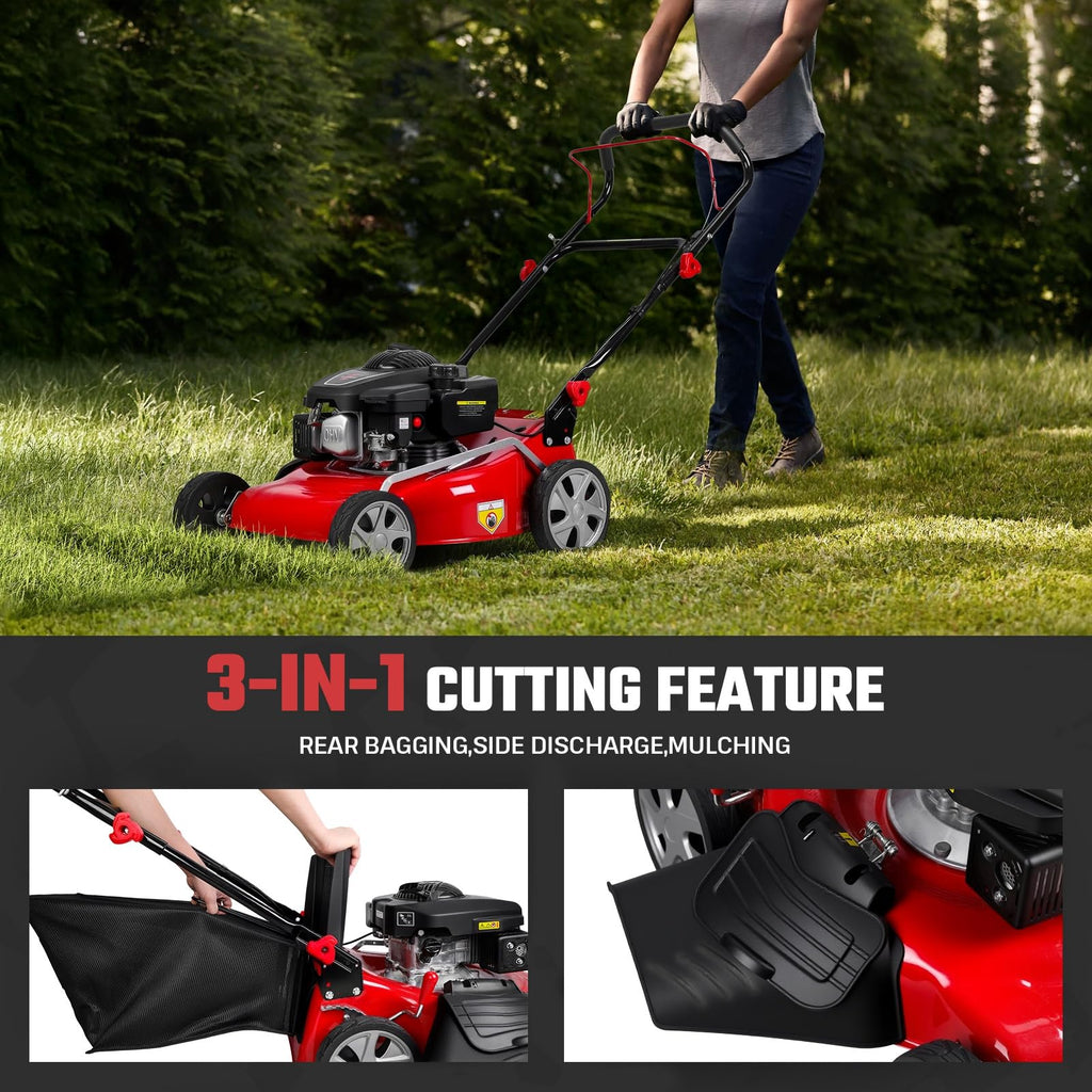 131cc Foldable Gas Lawn Mower, Self-Propelled Rear-Wheel Drive, 18 Inch Cutting Width, 50L Grass Bag, 3-in-1 Mulching/Side Discharge/Rear-Bagging, Lightweight Push-Button Start Mower