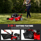 131cc Foldable Gas Lawn Mower, Self-Propelled Rear-Wheel Drive, 18 Inch Cutting Width, 50L Grass Bag, 3-in-1 Mulching/Side Discharge/Rear-Bagging, Lightweight Push-Button Start Mower