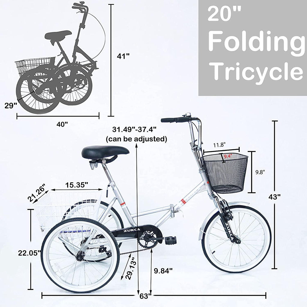 ZUKKA Adult Folding Tricycle Trikes,Foldable 20 inch 3 Wheel Bikes,Single Speed Portable Cruiser Bicycles with Shopping Basket for Seniors,Women, Men