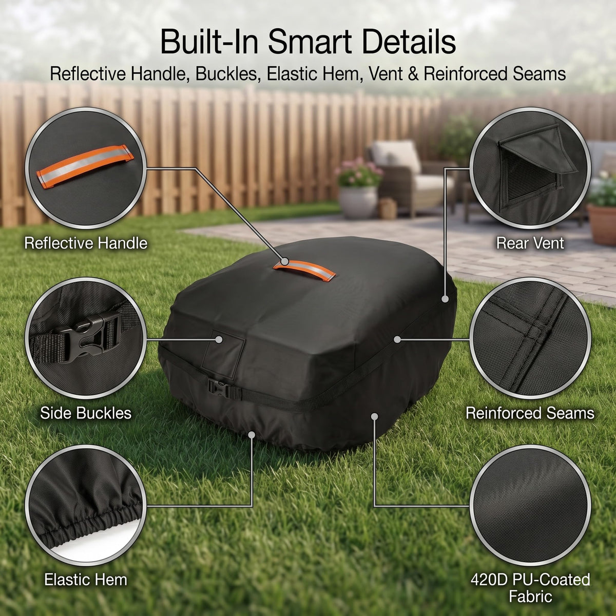 Robot Lawn Mower Cover Waterproof, 420D Outdoor Robotic Mower Cover, Black | 420D waterproof fabric, backyard robotic mower storafor rain snow dust sun, webbing strap,  buckle, elastic hem, vent