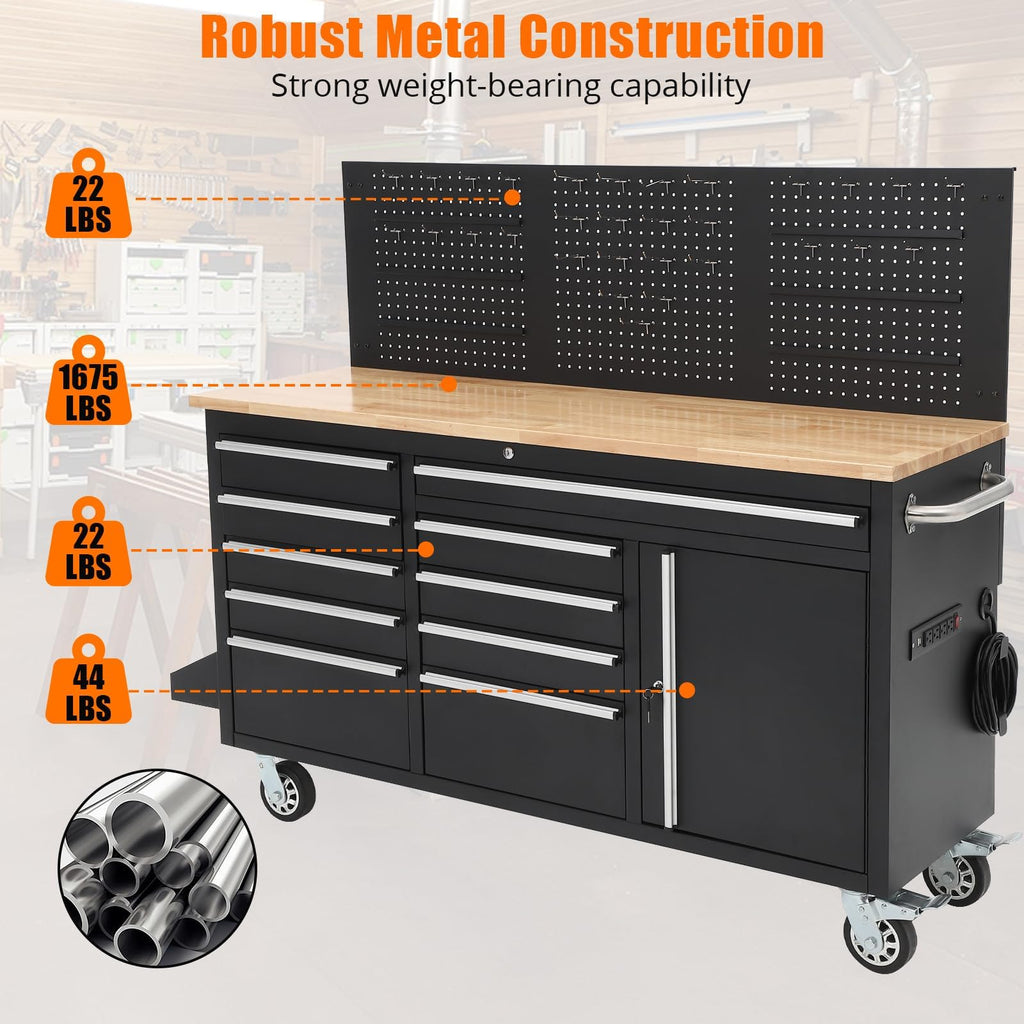 61-Inch Heavy Duty Rolling Tool Chest with 10 Drawers and Solid Rubber Top Mobile Workstation, 1675 LBS Load, Includes Power Strip, LocSystem for GaraWarehouse Repair Shop