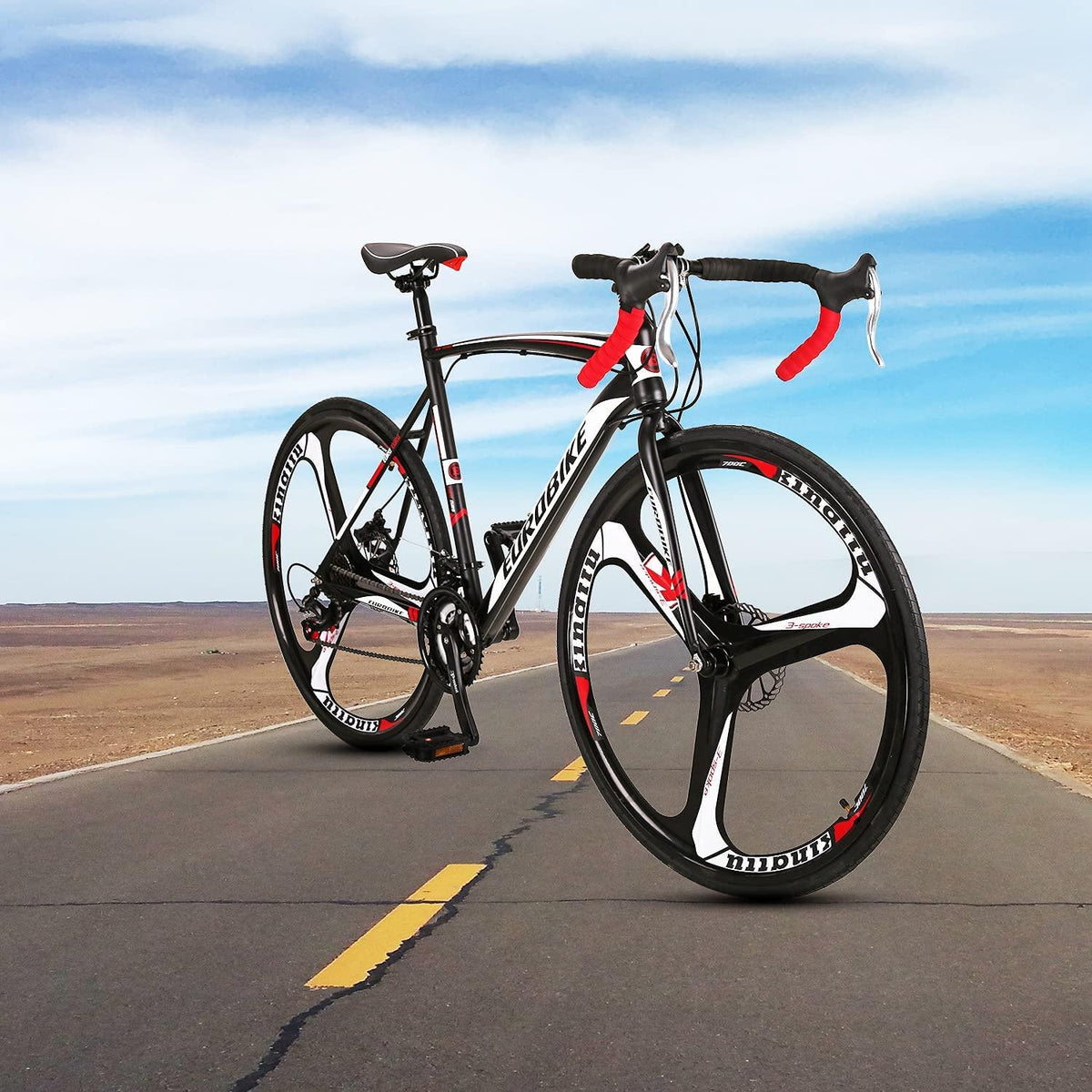 Eurobike XC550 Road Bike 21 Speed 49 cm Frame 700C K Wheels Road Bicycle Dual Disc Brake Bicycle Black White