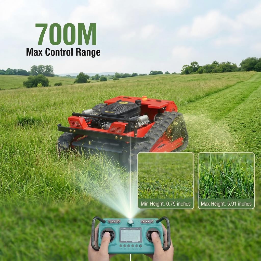 Remote Control Lawn Mower, 20 Inch Cutting Width, Adjustable Height 0.79-5.9 Inches, Track ,All-Terrain for Steep Slopes Tall Grass LarLawns