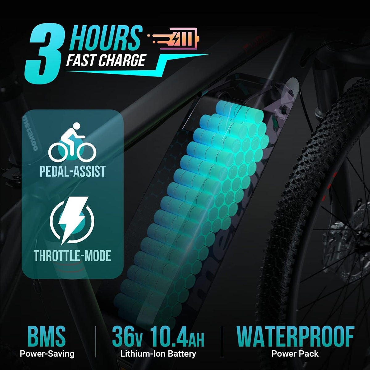 METAKOO 26" Electric Bike Cybertrack 100, 3 Hours Fast Charge, BAFANG 350W Brushless Motor, 36V/10.4Ah Removable Lithium-Ion Battery, Electric Mountain Bike with  21-Speed and Suspension Fork