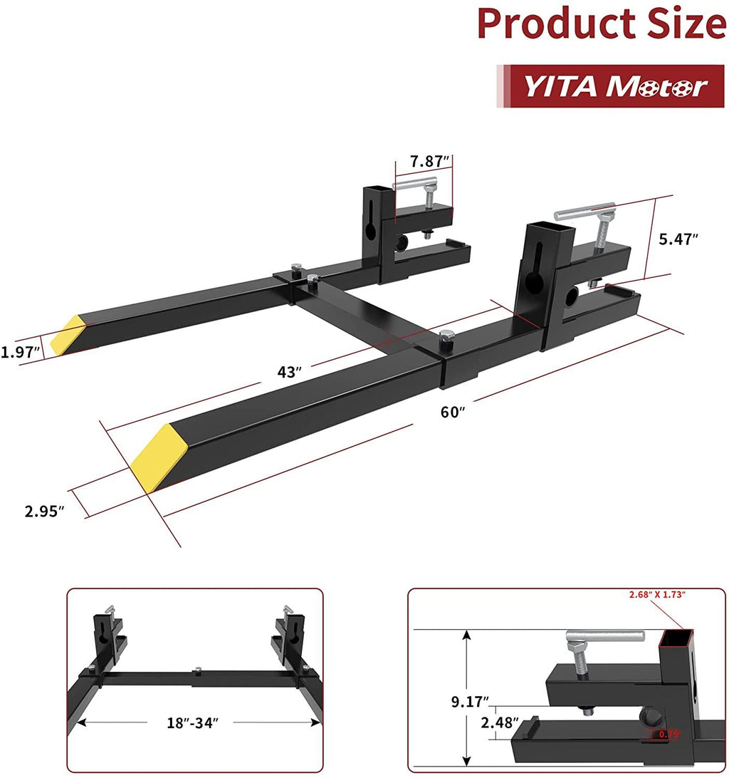 yitamotor 60" clamp on pallet forks 43" 1500lbs light duty forks for tractor loader bucket with adjustable stabilizer bar