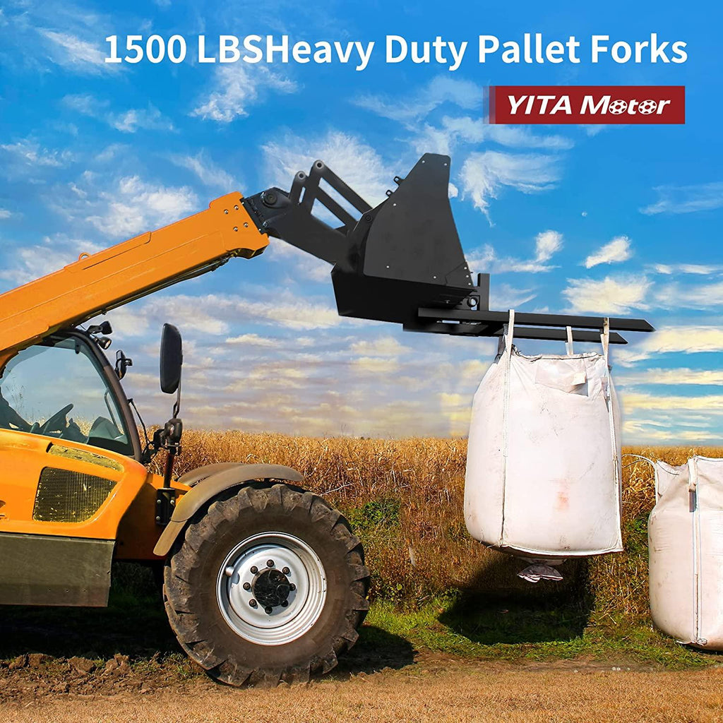 yitamotor 60" clamp on pallet forks 43" 1500lbs light duty forks for tractor loader bucket with adjustable stabilizer bar