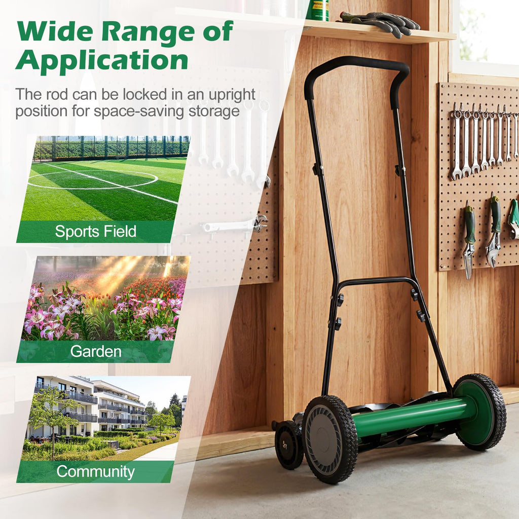 Push Reel Lawn Mower, Cordless 18" Manganese Steel Manual Grass Cutter with 5-Blade, Removable Grass Catcher, 9 Cutting Heights, Walk-Behind Lawn Mower for Garden Farm Yard (Green)