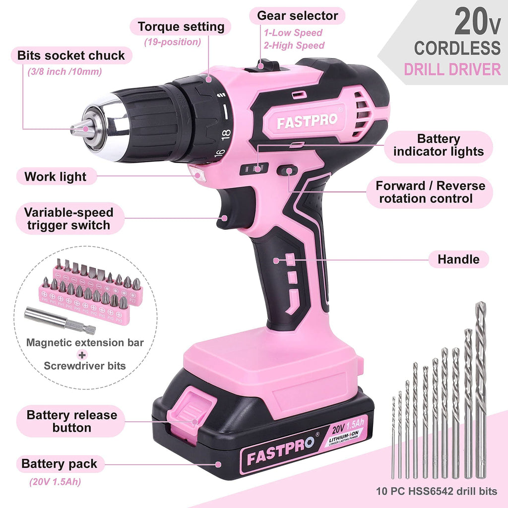 232-Piece Pink Tool Set with Drill, 20V Cordless Drill Driver and Home Tool Set, Pink Drill Set for Women, Lady's Repairing Kit with 12-Inch StoraBag, Pink